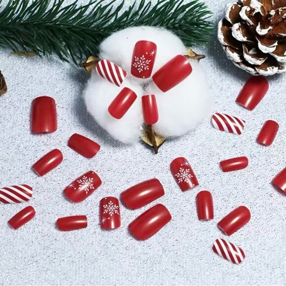 Holiday Square Press On Nails 25 pc Set Festive Christmas Medium Length w/ Glue - Picture 2 of 4